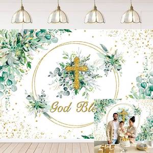 lot 14148 image: God Bless Backdrop First Holy Communion Background Baptism Party Decorations Eucalyptus Leaves Christening Party Banner Newborn Baby Shower Photo Booth Props (7X5FT)