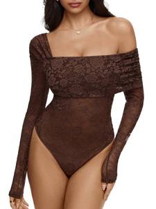 lot 14151 image: REORIA Sexy Lace Bodysuit One Shoulder Bodysuit Long Sleeve Bodysuits for Women Going Out Y2K Clothes 2025 Shaved Chocolate X-Large