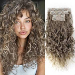 lot 14162 image: Curly Hair Extensions,LEOSA 4PCS 16 inch Clip in Hair Extensions Short Soft Natural Hairpiece Lace Weft Curly Wave Clip Ins Extensions Invisible for Women,Glazed Mocha to Blonde Highlights