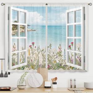 lot 20115 image: Riyidecor Ocean Beach Coastal Curtains Teal Blue Hawaiian Sea Floral Scenery Rustic Wildflower Plant Rod Pocket White Wooden Window Seascape Bedroom Living Room Treatment Fabric 2 Panels 52Wx84H Inch
