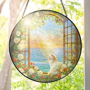 lot 20163 image: FLAGWIX Cat Gifts for Women - Stained Glass Window Hanging 10 in - Cat Lady Gifts for Women Mom Grandma Pet Lovers, Suncatchers for Windows Hanging Coastal Decor, Suncatcher Decorations for Home