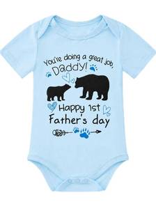 lot 20180 image: Bwlizfuz Happy 1st Father��s Day Baby Bodysuit, You��re Doing a Great Job Daddy Bear Print Blue Cotton Blend Short Sleeve Onesie Snap Closure Soft Infant Romper 9-12 Months Unisex