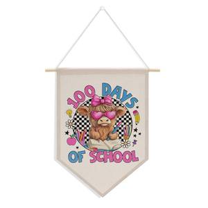 lot 20193 image: 100th Day of School Pennant Flag, Classroom Decor, Kindergarten Primary 100 Days Classroom Party Supplies Decorations, Pink Coquette Bow Highland Cow Hanging Pennant Flag Banner Wall Sign