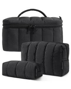 lot 20207 image: BAGSMART Travel Makeup Bag for Women, 2 Pcs Puffy Padded Cosmetic Organizer Bag, Large Toiletry Case and Small Purse Pouch for Gym, Work, Girls (Black)