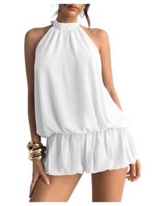lot 20219 image: Floerns Womens Y2k Summer Halter Dress Tie Open Back Sleeveless Ruffle Hem Bubble Going Out Mini Dresses White Small