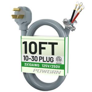 lot 20221 image: 30 Amp 3 Prong Dryer Cord 10 FT Gray, 10 Gauge Appliance Dryer Power Cord NEMA 10-30P to 3-Wire Appliance Cord, Pure Copper Wire, Dryer Plug 3 Prong, ETL Listed