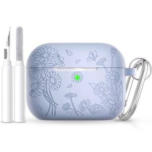 lot 20238 image: for AirPods Pro 3 Case (2025) DamonLight Daisy Floral Engraved Shockproof Protective Soft Silicone Case Cover with Cleaning Pen and Keychain for Apple Airpods Pro 3rd Generation (Blue)