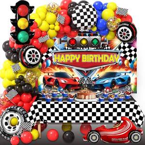 lot 20244 image: Cars Theme Birthday Party Decorations Set Including Race Car Backdrop, Balloon Garland, Tablecloth, Cake topper