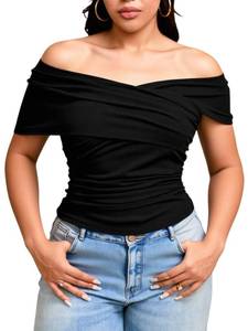 lot 20248 image: winkbay Womens Plus Size Off The Shoulder Tops Ruched Wrap Short Sleeve Going Out T Shirts Black XX-Large Plus