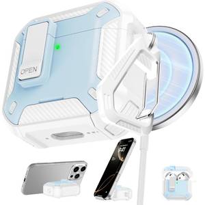 lot 20249 image: RFUNGUANGO Compatible with AirPods 4 Case,Magnetic Automatic Lock with Phone Holder & Cleaning Kit,Compatible with Magsafe, Back Magnetic Charging, White-Light Blue