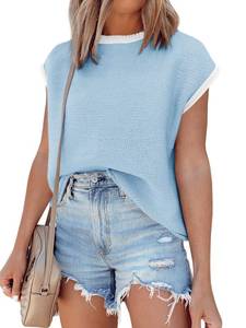 lot 20256 image: Saodimallsu Womens Summer Cap Sleeve Knit Tops Casual Sleeveless Sweater Vest Crew Neck Color Block 2025 Trendy Tank Top Sky Blue Medium