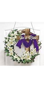 lot 20063 image: Floral Wreath with White Lilies Purple Flowers and Welcome Sign Decoration
