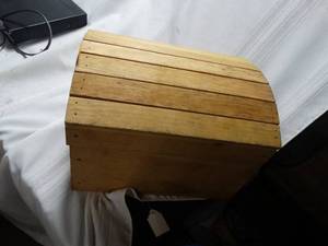 lot 26198 image: Wooden Chest w Misc. Office Supplies