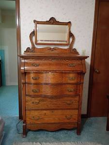 lot 901 image: Vintage Wooden Chest of Drawers with Beveled Mirror and Key.  69 x 36 x 19.  Located upstairs
