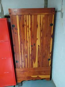 lot 955 image: Vintage Jasper Cedar Co. 1951 Cedar ClosetCabinet with Key.     60 x 29 x 19.  Located in basement