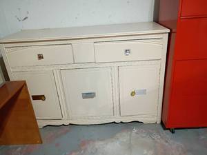 lot 957 image: Vintage Wooden Buffet.  2 Drawers with Bottom Storage and Shelf.   37 x 56 x 21.    Located in basement