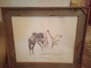 lot 963 image: Framed Wall Decor.  Signed and numbered.  Frame is made from barn wood  20 x 24
