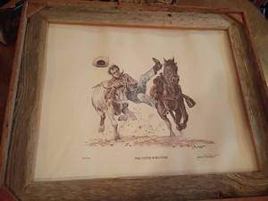 lot 964 image: Framed Wall Decor.  Signed and numbered.  Frame is made from barn wood  20 x 24