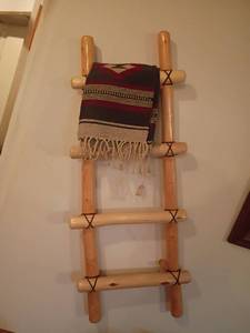 lot 965 image: Wooden Ladder with Rope Joinery and Blanket.  36 x 15