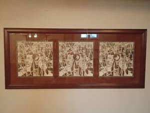 lot 966 image: Framed Wall Decor. 3 pictures in one frame.  Signed By Bev Doolittle    Numbered, see pictures.   21 x 48.   Located in basement