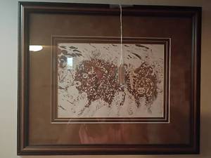 lot 973 image: Framed Wall Decor by Judy Landon. Two Buffalos.  14 x 18.  Located in basement