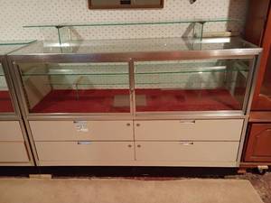 lot 1003 image: Display Cabinet with 4 Drawers and Keys.   39 x 60 x 20.  Located in basement