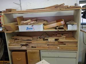 lot 1024 image: Garage or Shop Shelf with 2 Drawers, 2 Filing Cabinets PLUS Scrap Wood Pieces.  Shelf 65 x 71 x 20