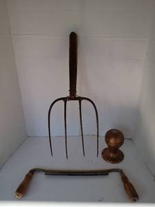 lot 1039 image: Early 1900s Pitch Fork with 2 Handed Saw and More.    Pitch Fork handle is broken