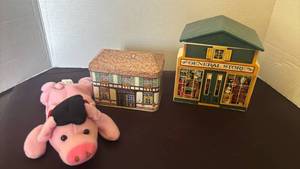 lot 1115 image: General Store Ceramic and Tin Container with Pink Plush Pig Toy