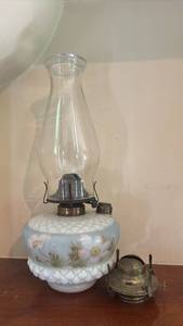 lot 1129 image: Oil Lamp with Floral Decorated Font, Glass Chimney, and Extra Burner