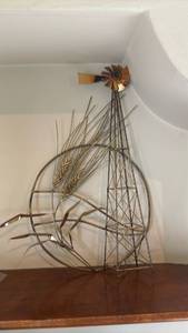 lot 1130 image: Metal Wire Wall Art Sculpture with Wheat Stalks and Windmill Accent