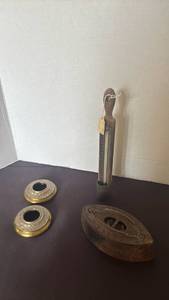 lot 1134 image: Antique Flat Iron, Glass Tube Thermometer and Pair of Round Embossed Door Handles