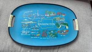 lot 1140 image: Vtg Washington State Souvenir Serving Tray Blue Oval Handles