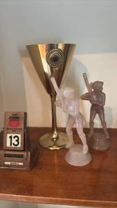 lot 1141 image: Phillips 66 New Customer Plan 1958, Award Trophy Baseball Figurines and Goblet with Stones