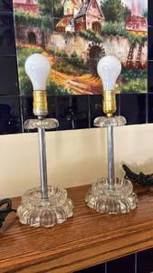 lot 1149 image: Pair of Table Lamps with Glass Bases White Bulbs Brass Fittings. One needs cord fixed.