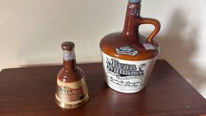 lot 1154 image: Weller Nantons 90 Proof Kentucky Straight Bourbon Whiskey Jug and Bells Old Scotch Whisky Bottle