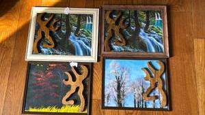 lot 1155 image: Lot of 4 Framed Wall Art with Wood Cutout Overlays