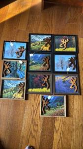 lot 1156 image: Framed Art with Wood Deer Decor on each picture Qty 10