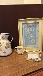 lot 1207 image: Decorative Ceramic Pitcher, Mug, Picture Frame and Floral Tray