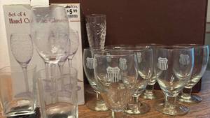 lot 1217 image: Set of 4 Hand Cut Wine Glasses with Union Pacific Railroad Glasses and more