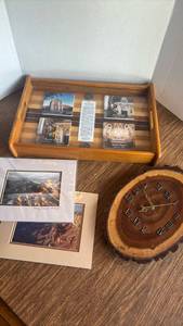 lot 1231 image: Loretta Chapel Santa Fe Wooden Display Tray with Clock and Grand Canyon Matted Photos