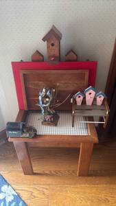 lot 1239 image: Me Adoo Decorative Birdhouse Set with Bench and Floral Arrangement. Largest bench 38x21x14