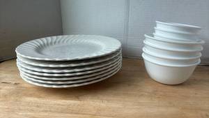 lot 1402 image: White Dinnerware Set 8 Plates and Corelle Bowls Ribbed Edge Design