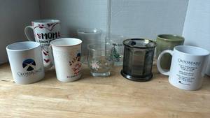 lot 1412 image: Lot of 9 Mugs and Glasses with Various Designs
