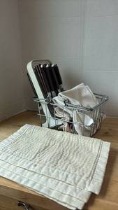lot 1420 image: Flatware Set with White Storage Stand, Caddy, and Kitchen Towels