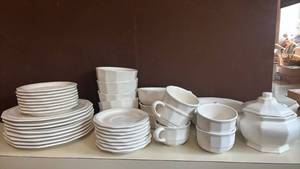 lot 1422 image: Pfaltzgraff Dinnerware Set of 8 White Dishes Plates Cups Bowls Soup Tureen  and Serving Bowl. Bring packing paper and box