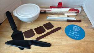 lot 1445 image: Forever Sharp Surgical Stainless Steel Knife Set with Sharpener and Storage and Pampered Chef Bowl and tools