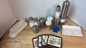 lot 1460 image: Salt and Pepper Shakers, Grinders, Butter Dishes and Coasters