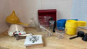 lot 1461 image: Kitchen Measuring Cups and Spoons Set with Funnels and Mixing Bowls