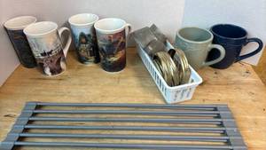 lot 1467 image: Ceramic Mugs with Scenic Prints, Mason Jar Lids and more